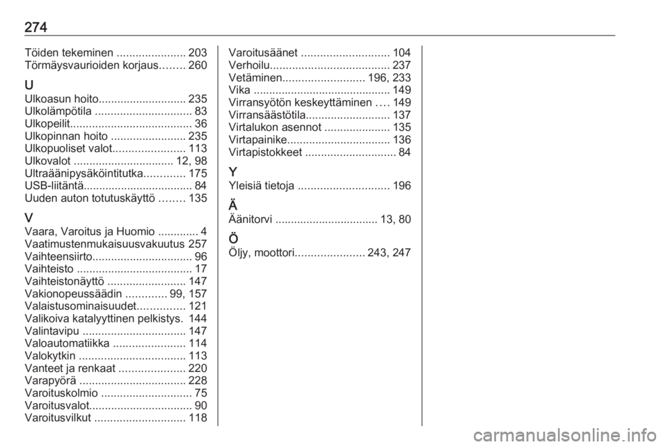 OPEL GRANDLAND X 2019  Ohjekirja (in Finnish) 274Töiden tekeminen ......................203
Törmäysvaurioiden korjaus ........260
U
Ulkoasun hoito ............................ 235
Ulkolämpötila  ............................... 83
Ulkopeilit 
