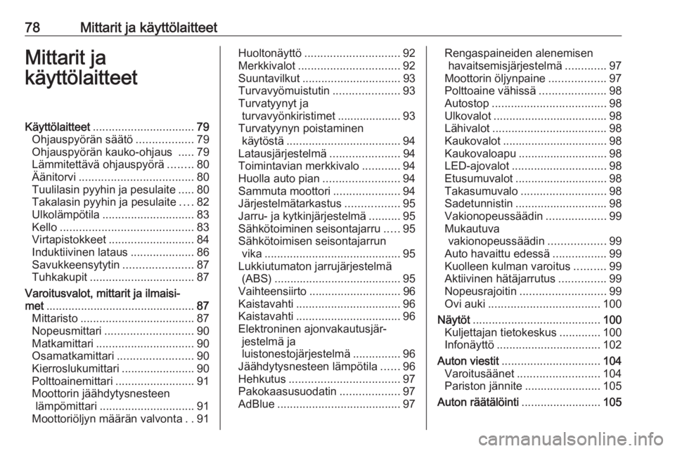 OPEL GRANDLAND X 2019  Ohjekirja (in Finnish) 78Mittarit ja käyttölaitteetMittarit ja
käyttölaitteetKäyttölaitteet ................................ 79
Ohjauspyörän säätö ..................79
Ohjauspyörän kauko-ohjaus  .....79
Lämmit