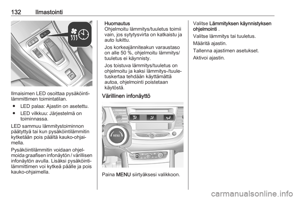 OPEL GRANDLAND X 2020 Ohjekirja (in Finnish) 132Ilmastointi
Ilmaisimen LED osoittaa pysäköinti‐
lämmittimen toimintatilan.
● LED palaa: Ajastin on asetettu.● LED vilkkuu: Järjestelmä on toiminnassa.
LED sammuu lämmitystoiminnon
pää OPEL GRANDLAND X 2020 Ohjekirja (in Finnish) 132Ilmastointi
Ilmaisimen LED osoittaa pysäköinti‐
lämmittimen toimintatilan.
● LED palaa: Ajastin on asetettu.● LED vilkkuu: Järjestelmä on toiminnassa.
LED sammuu lämmitystoiminnon
pää