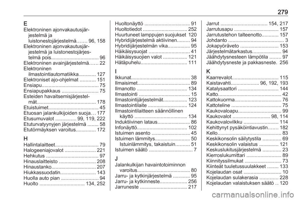 OPEL GRANDLAND X 2020  Ohjekirja (in Finnish) 279EElektroninen ajonvakautusjär‐ jestelmä ja
luistonestojärjestelmä .......96, 158
Elektroninen ajonvakautusjär‐ jestelmä ja luistonestojärjes‐
telmä pois ..............................