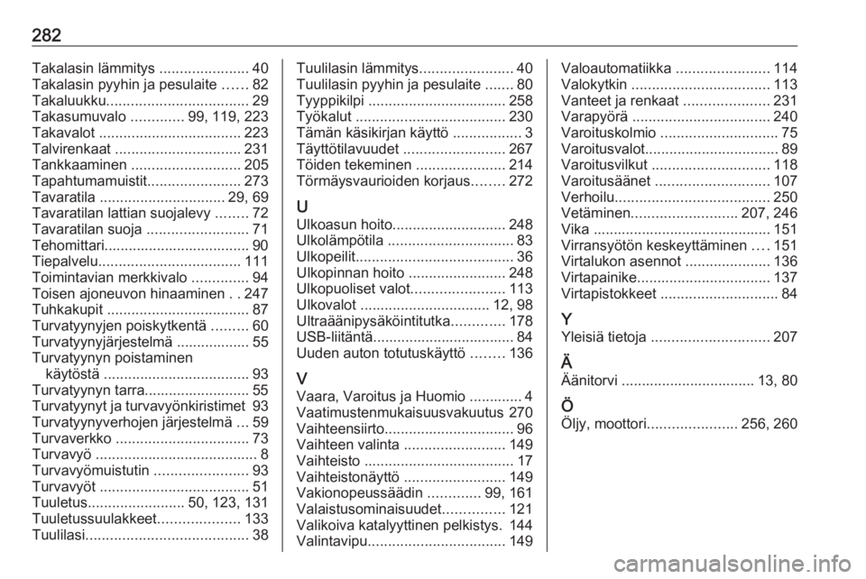 OPEL GRANDLAND X 2020  Ohjekirja (in Finnish) 282Takalasin lämmitys ......................40
Takalasin pyyhin ja pesulaite  ......82
Takaluukku ................................... 29
Takasumuvalo  .............99, 119, 223
Takavalot  ...........