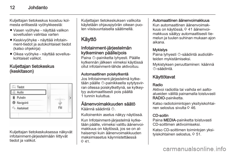 OPEL INSIGNIA 2014  Infotainment-ohjekirja (in Finnish) 12Johdanto
Kuljettajan tietokeskus koostuu kol‐
mesta erillisestä vyöhykkeestä:
■ Vasen vyöhyke - näyttää valikon sovellusten valintaa varten
■ Keskivyöhyke - näyttää infotain‐ ment