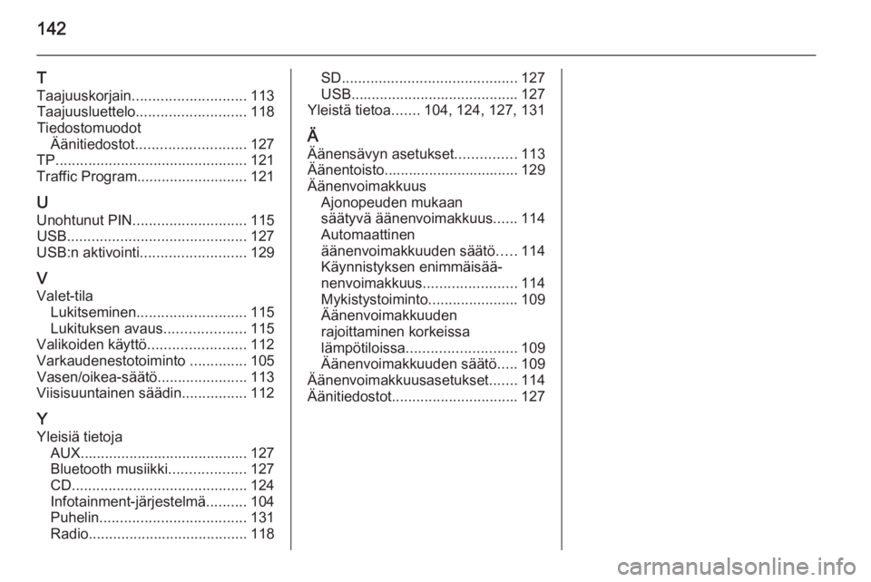OPEL INSIGNIA 2014  Infotainment-ohjekirja (in Finnish) 142
T
Taajuuskorjain ............................ 113
Taajuusluettelo ........................... 118
Tiedostomuodot Äänitiedostot ........................... 127
TP ................................
