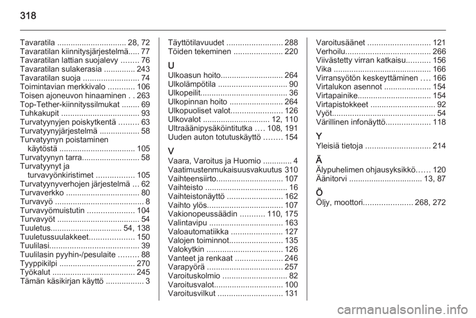 OPEL INSIGNIA 2014.5  Ohjekirja (in Finnish) 318
Tavaratila ............................... 28, 72
Tavaratilan kiinnitysjärjestelmä..... 77
Tavaratilan lattian suojalevy  ........76
Tavaratilan sulakerasia .............. 243
Tavaratilan suoja 