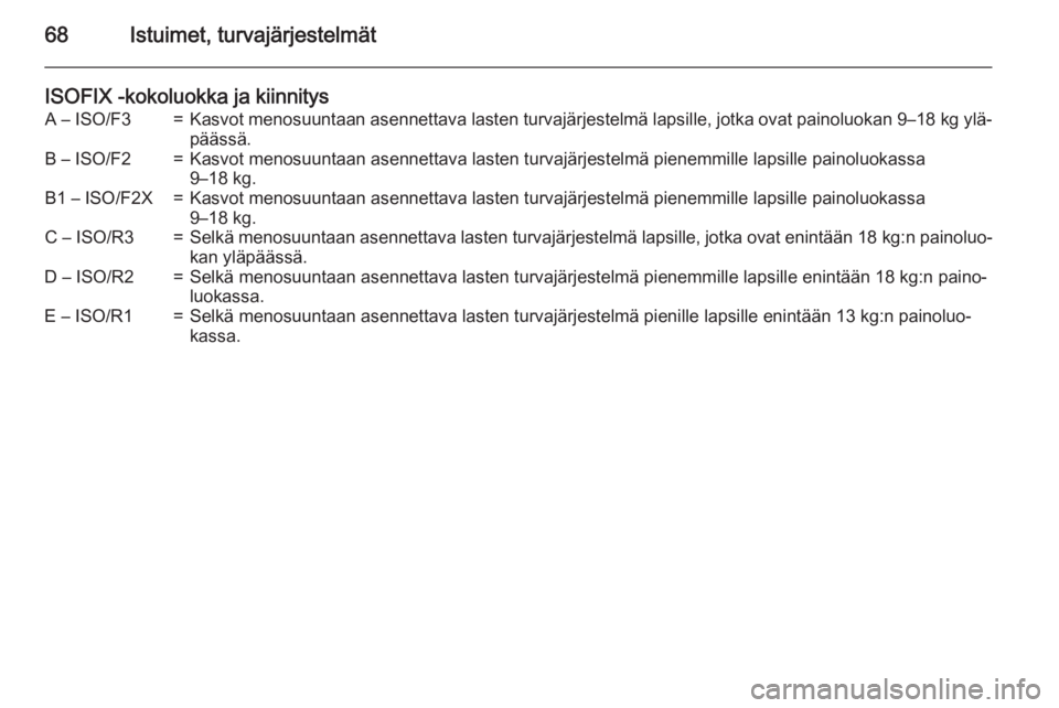 OPEL INSIGNIA 2015  Ohjekirja (in Finnish) 68Istuimet, turvajärjestelmät
ISOFIX -kokoluokka ja kiinnitysA – ISO/F3=Kasvot menosuuntaan asennettava lasten turvajärjestelmä lapsille, jotka ovat painoluokan 9–18 kg ylä‐
päässä.B –