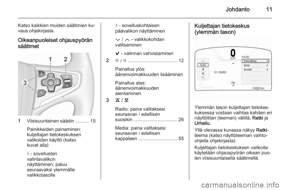 OPEL INSIGNIA 2015.5 Infotainment-ohjekirja (in Finnish) Johdanto11
Katso kaikkien muiden säätimien ku‐
vaus ohjekirjasta.
Oikeanpuoleiset ohjauspyöränsäätimet
1 Viisisuuntainen säädin ..........15
Painikkeiden painaminen:
kuljettajan tietokeskuks OPEL INSIGNIA 2015.5 Infotainment-ohjekirja (in Finnish) Johdanto11
Katso kaikkien muiden säätimien ku‐
vaus ohjekirjasta.
Oikeanpuoleiset ohjauspyöränsäätimet
1 Viisisuuntainen säädin ..........15
Painikkeiden painaminen:
kuljettajan tietokeskuks