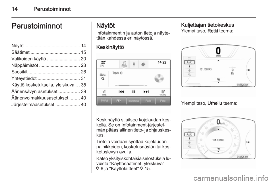 OPEL INSIGNIA 2015.5 Infotainment-ohjekirja (in Finnish) 14PerustoiminnotPerustoiminnotNäytöt.......................................... 14
Säätimet ....................................... 15 Valikoiden käyttö .......................... 20
Näppäimist OPEL INSIGNIA 2015.5 Infotainment-ohjekirja (in Finnish) 14PerustoiminnotPerustoiminnotNäytöt.......................................... 14
Säätimet ....................................... 15 Valikoiden käyttö .......................... 20
Näppäimist
