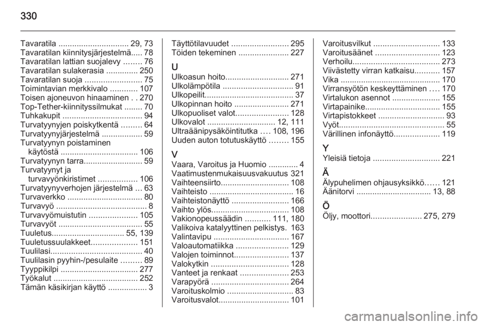 OPEL INSIGNIA 2015.5  Ohjekirja (in Finnish) 330
Tavaratila ............................... 29, 73
Tavaratilan kiinnitysjärjestelmä..... 78
Tavaratilan lattian suojalevy  ........76
Tavaratilan sulakerasia .............. 250
Tavaratilan suoja 