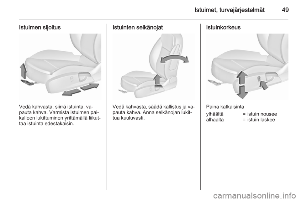 OPEL INSIGNIA 2015.5  Ohjekirja (in Finnish) Istuimet, turvajärjestelmät49
Istuimen sijoitus
Vedä kahvasta, siirrä istuinta, va‐
pauta kahva. Varmista istuimen pai‐
kalleen lukittuminen yrittämällä liikut‐
taa istuinta edestakaisin.