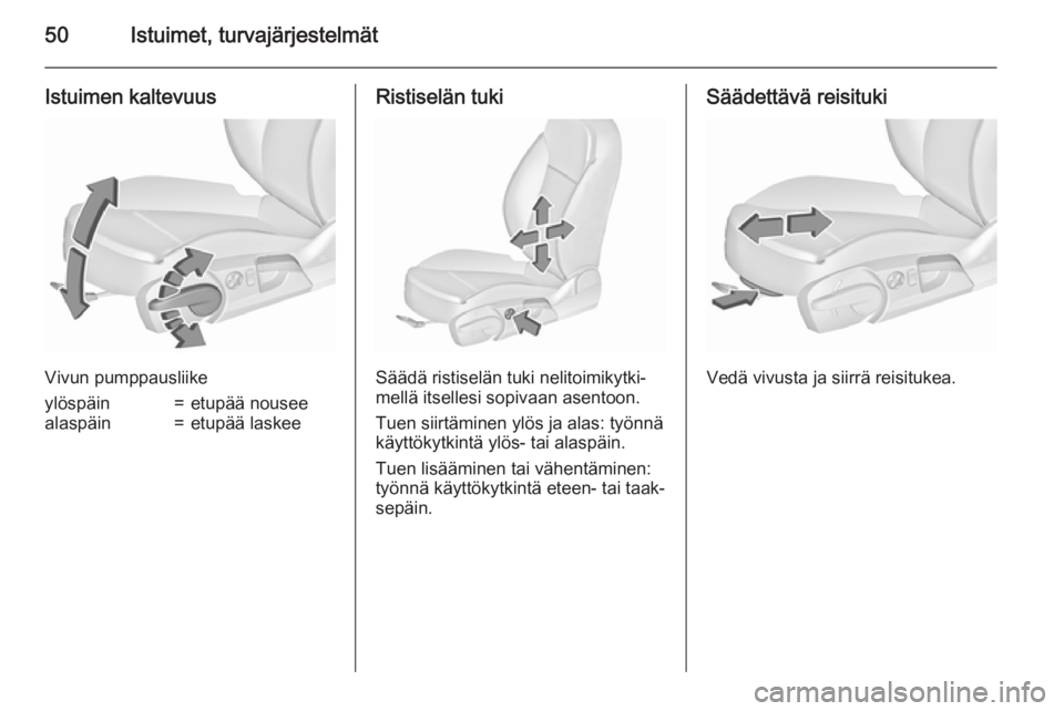 OPEL INSIGNIA 2015.5  Ohjekirja (in Finnish) 50Istuimet, turvajärjestelmät
Istuimen kaltevuus
Vivun pumppausliike
ylöspäin=etupää nouseealaspäin=etupää laskeeRistiselän tuki
Säädä ristiselän tuki nelitoimikytki‐
mellä itsellesi 