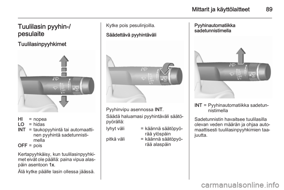 OPEL INSIGNIA 2015.5  Ohjekirja (in Finnish) Mittarit ja käyttölaitteet89Tuulilasin pyyhin-/
pesulaite
TuulilasinpyyhkimetHI=nopeaLO=hidasINT=taukopyyhintä tai automaatti‐
nen pyyhintä sadetunnisti‐
mellaOFF=pois
Kertapyyhkäisy, kun tuu