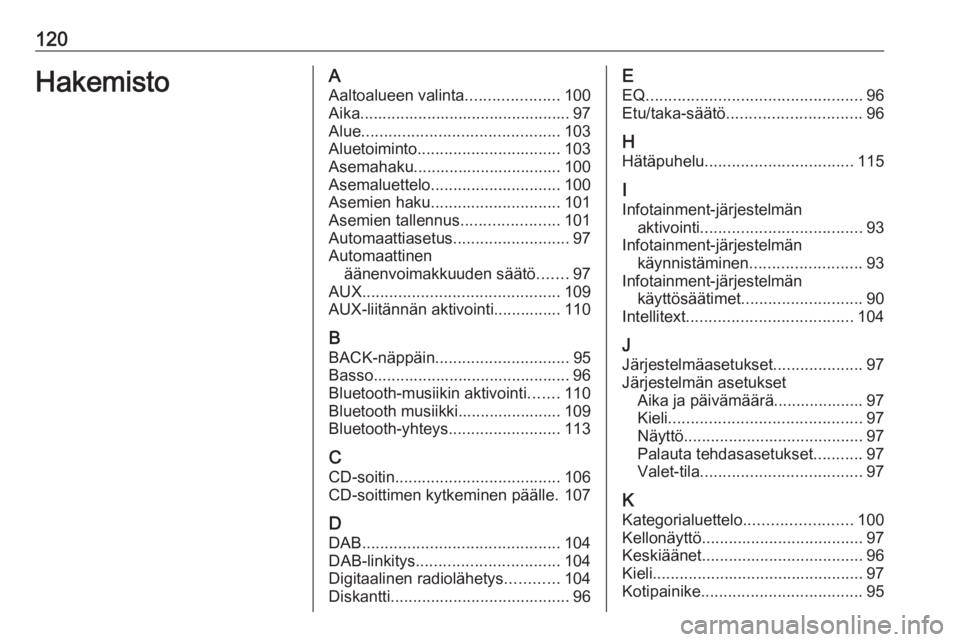 OPEL INSIGNIA 2016  Infotainment-ohjekirja (in Finnish) 120HakemistoAAaltoalueen valinta .....................100
Aika............................................... 97
Alue ............................................ 103
Aluetoiminto ....................