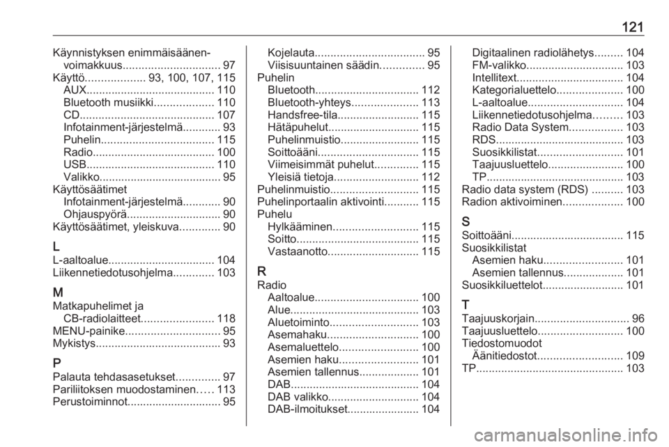 OPEL INSIGNIA 2016  Infotainment-ohjekirja (in Finnish) 121Käynnistyksen enimmäisäänen‐voimakkuus ............................... 97
Käyttö ................... 93, 100, 107, 115
AUX ......................................... 110
Bluetooth musiikki .