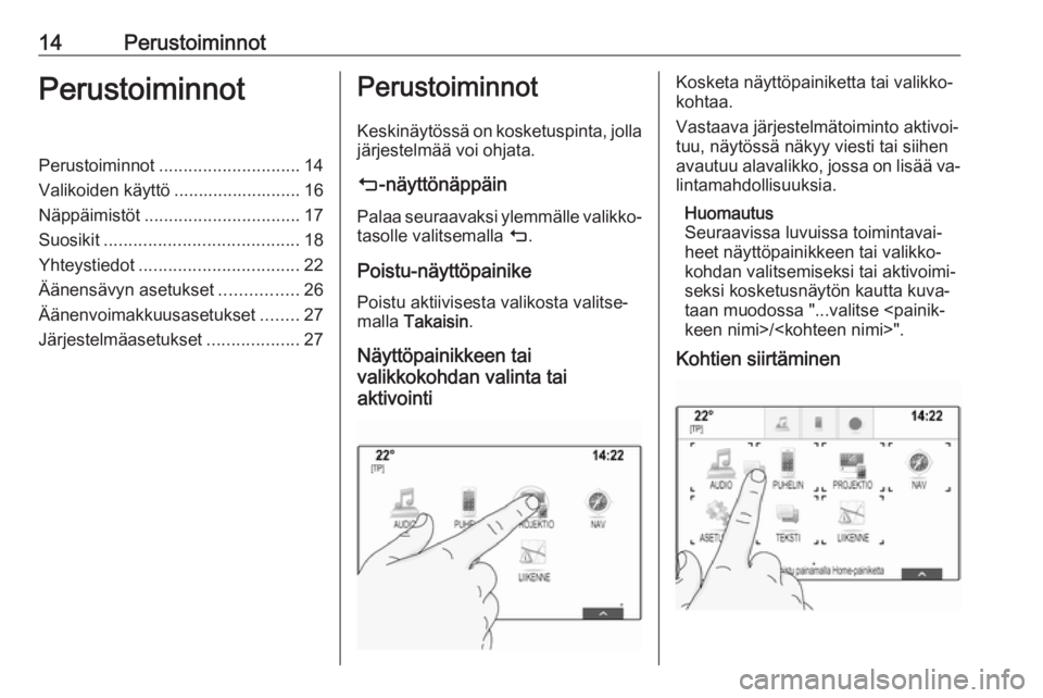 OPEL INSIGNIA 2016  Infotainment-ohjekirja (in Finnish) 14PerustoiminnotPerustoiminnotPerustoiminnot............................. 14
Valikoiden käyttö .......................... 16
Näppäimistöt ................................ 17
Suosikit ............