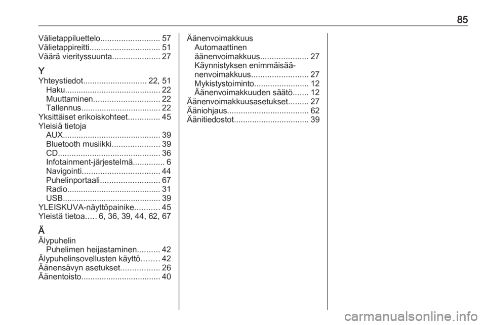 OPEL INSIGNIA 2016  Infotainment-ohjekirja (in Finnish) 85Välietappiluettelo..........................57
Välietappireitti ............................... 51
Väärä vierityssuunta .....................27
Y Yhteystiedot ............................ 22, 5