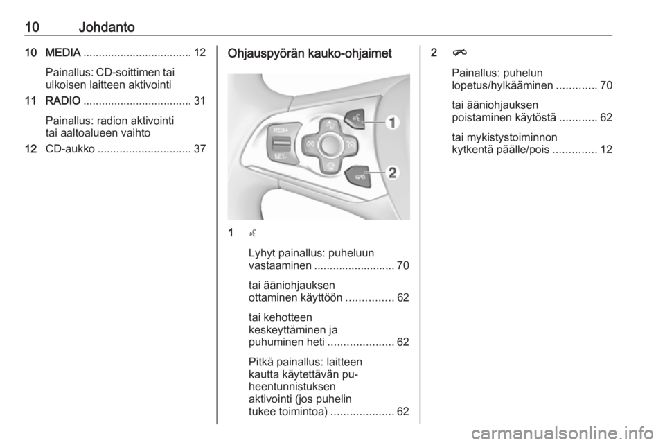 OPEL INSIGNIA 2016  Infotainment-ohjekirja (in Finnish) 10Johdanto10 MEDIA................................... 12
Painallus: CD-soittimen tai
ulkoisen laitteen aktivointi
11 RADIO ................................... 31
Painallus: radion aktivointi
tai aalto