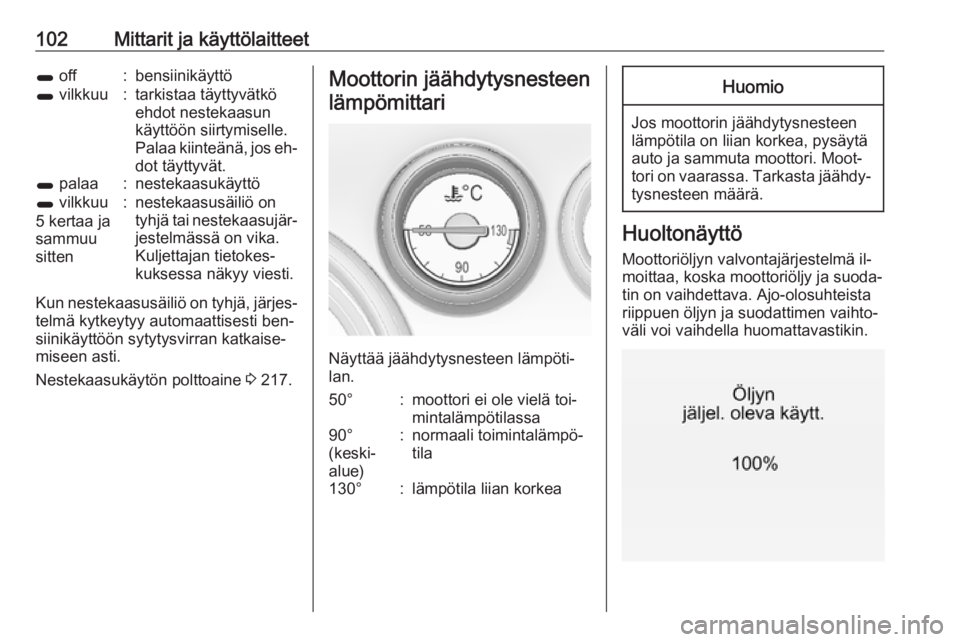 OPEL INSIGNIA 2016  Ohjekirja (in Finnish) 102Mittarit ja käyttölaitteet1 off:bensiinikäyttö1 vilkkuu:tarkistaa täyttyvätkö
ehdot nestekaasun
käyttöön siirtymiselle.
Palaa kiinteänä, jos eh‐ dot täyttyvät.1  palaa:nestekaasukä