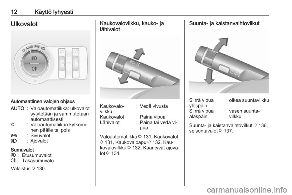 OPEL INSIGNIA 2016  Ohjekirja (in Finnish) 12Käyttö lyhyestiUlkovalot
Automaattinen valojen ohjaus
AUTO:Valoautomatiikka: ulkovalot
sytytetään ja sammutetaan
automaattisestim:Valoautomatiikan kytkemi‐
nen päälle tai pois8:Sivuvalot9:Aj