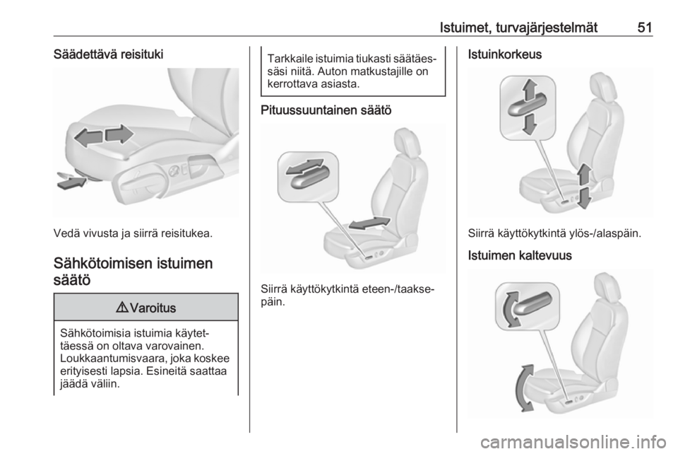 OPEL INSIGNIA 2016  Ohjekirja (in Finnish) Istuimet, turvajärjestelmät51Säädettävä reisituki
Vedä vivusta ja siirrä reisitukea.Sähkötoimisen istuimen säätö
9 Varoitus
Sähkötoimisia istuimia käytet‐
täessä on oltava varovain