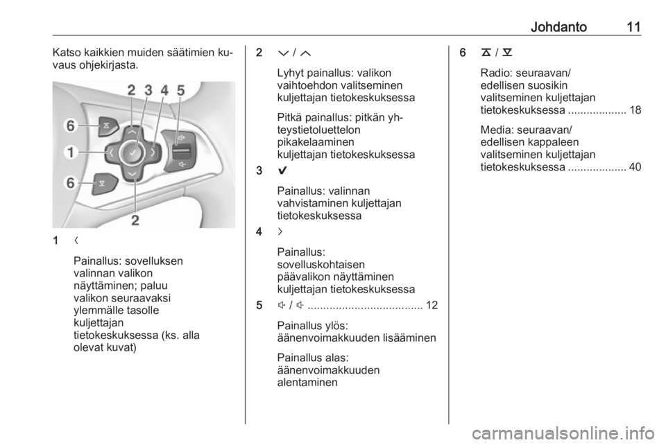 OPEL INSIGNIA 2016.5 Infotainment-ohjekirja (in Finnish) Johdanto11Katso kaikkien muiden säätimien ku‐
vaus ohjekirjasta.
1 N
Painallus: sovelluksen
valinnan valikon
näyttäminen; paluu
valikon seuraavaksi
ylemmälle tasolle
kuljettajan
tietokeskuksess OPEL INSIGNIA 2016.5 Infotainment-ohjekirja (in Finnish) Johdanto11Katso kaikkien muiden säätimien ku‐
vaus ohjekirjasta.
1 N
Painallus: sovelluksen
valinnan valikon
näyttäminen; paluu
valikon seuraavaksi
ylemmälle tasolle
kuljettajan
tietokeskuksess
