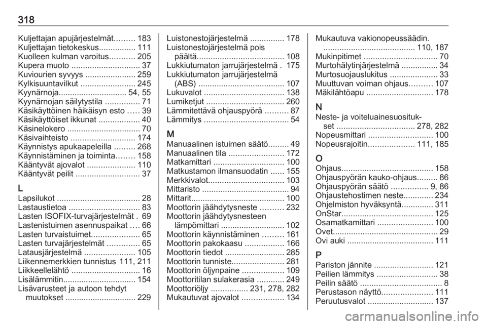 OPEL INSIGNIA 2016.5  Ohjekirja (in Finnish) 318Kuljettajan apujärjestelmät.........183
Kuljettajan tietokeskus ................111
Kuolleen kulman varoitus ...........205
Kupera muoto  .............................. 37
Kuviourien syvyys  ....