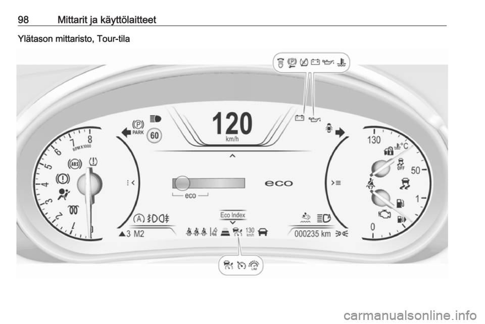 OPEL INSIGNIA 2016.5  Ohjekirja (in Finnish) 98Mittarit ja käyttölaitteetYlätason mittaristo, Tour-tila 