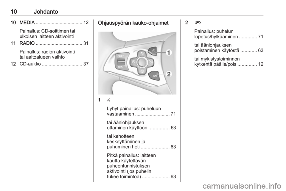 OPEL INSIGNIA 2017  Infotainment-ohjekirja (in Finnish) 10Johdanto10 MEDIA................................... 12
Painallus: CD-soittimen tai
ulkoisen laitteen aktivointi
11 RADIO ................................... 31
Painallus: radion aktivointi
tai aalto