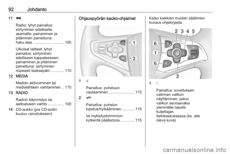 OPEL INSIGNIA 2017  Infotainment-ohjekirja (in Finnish) 92Johdanto11t
Radio: lyhyt painallus:
siirtyminen edelliselle
asemalle; painaminen ja
pitäminen painettuna:
haku alas  ............................ 100
Ulkoiset laitteet: lyhyt
painallus: siirtyminen