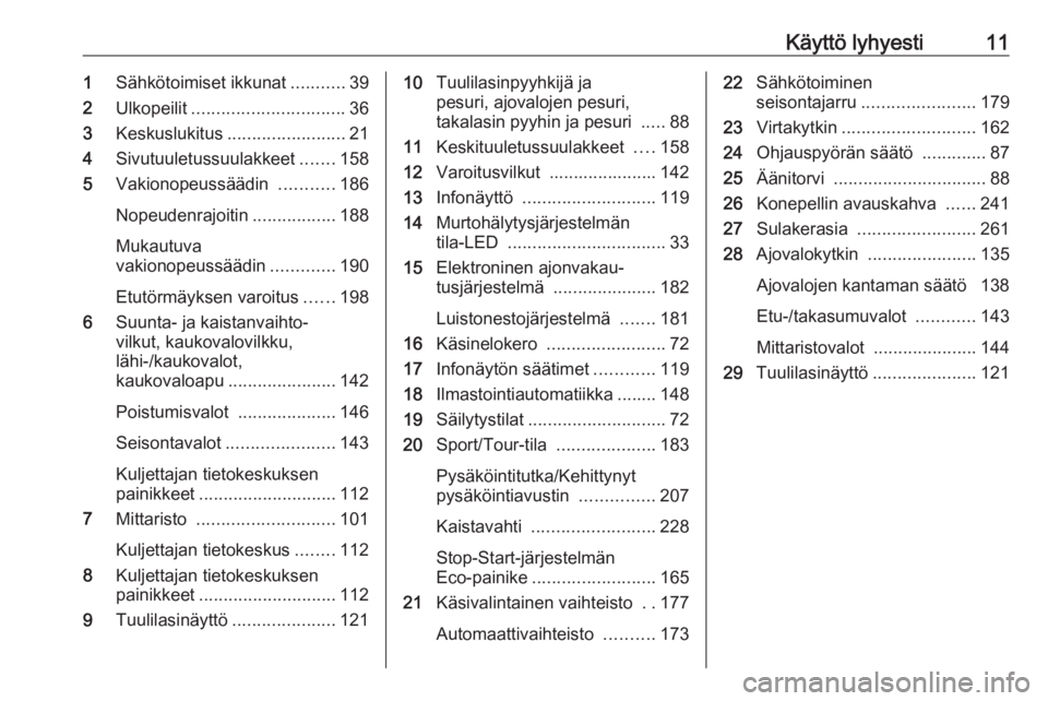 OPEL INSIGNIA BREAK 2018  Ohjekirja (in Finnish) Käyttö lyhyesti111Sähkötoimiset ikkunat ...........39
2 Ulkopeilit ............................... 36
3 Keskuslukitus ........................ 21
4 Sivutuuletussuulakkeet .......158
5 Vakionopeuss OPEL INSIGNIA BREAK 2018  Ohjekirja (in Finnish) Käyttö lyhyesti111Sähkötoimiset ikkunat ...........39
2 Ulkopeilit ............................... 36
3 Keskuslukitus ........................ 21
4 Sivutuuletussuulakkeet .......158
5 Vakionopeuss