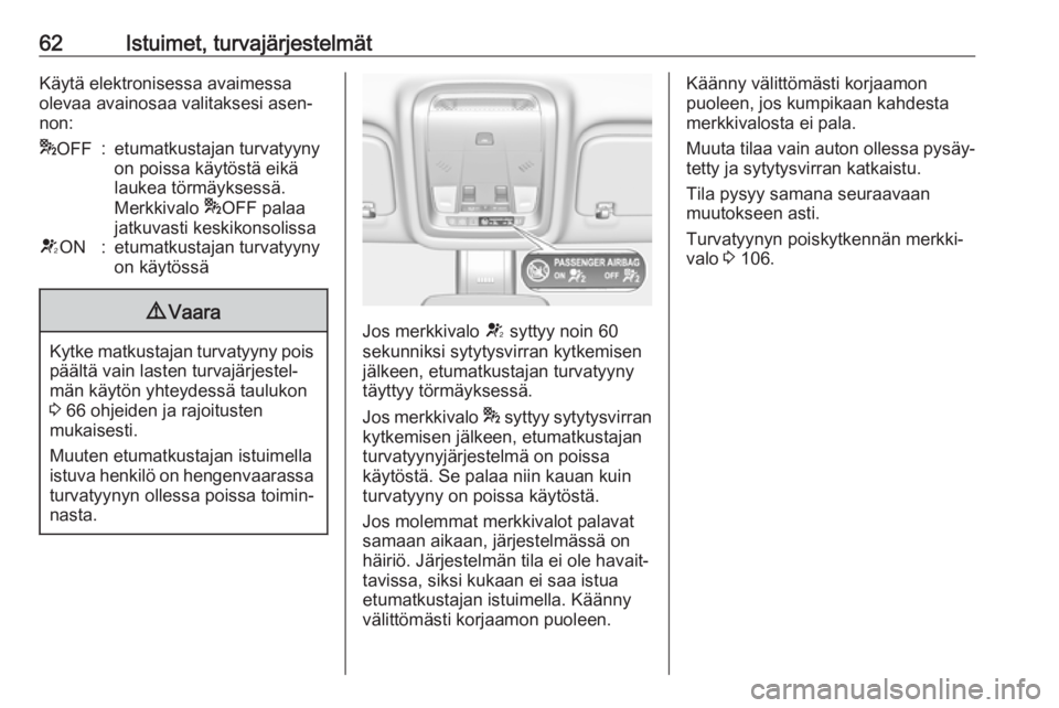 OPEL INSIGNIA BREAK 2018  Ohjekirja (in Finnish) 62Istuimet, turvajärjestelmätKäytä elektronisessa avaimessa
olevaa avainosaa valitaksesi asen‐
non:* OFF:etumatkustajan turvatyyny
on poissa käytöstä eikä
laukea törmäyksessä.
Merkkivalo 