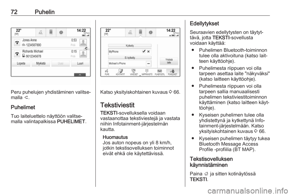 OPEL INSIGNIA BREAK 2018.5  Infotainment-ohjekirja (in Finnish) 72Puhelin
Peru puhelujen yhdistäminen valitse‐
malla  C.
Puhelimet Tuo laiteluettelo näyttöön valitse‐
malla valintapalkissa  PUHELIMET.Katso yksityiskohtainen kuvaus  3 66.
Tekstiviestit TEKS