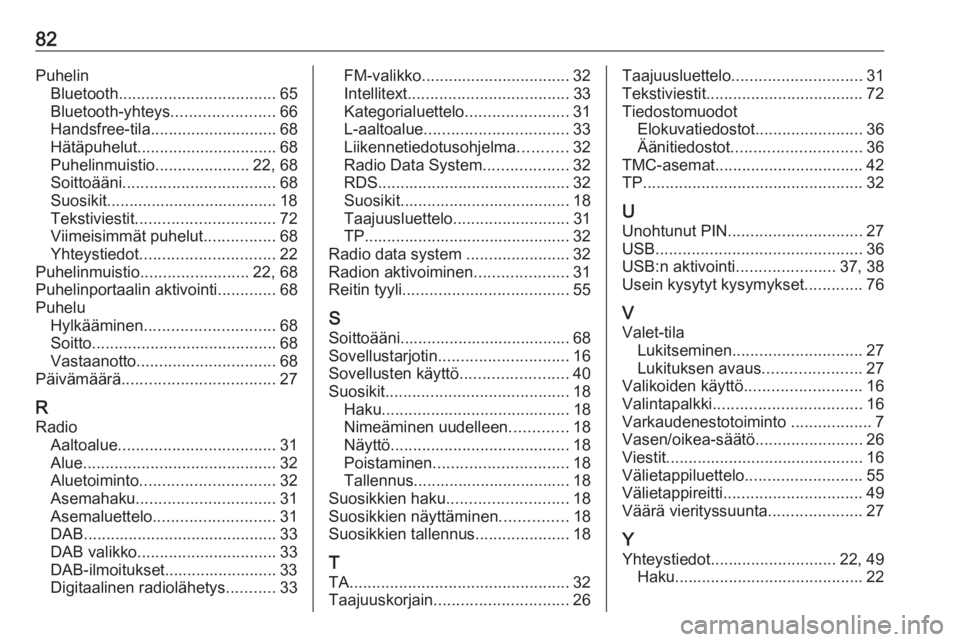 OPEL INSIGNIA BREAK 2018.5  Infotainment-ohjekirja (in Finnish) 82PuhelinBluetooth ................................... 65
Bluetooth-yhteys .......................66
Handsfree-tila ............................ 68
Hätäpuhelut ............................... 68
Puh