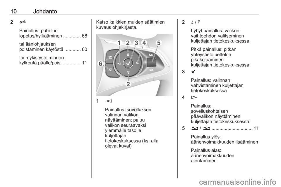 OPEL INSIGNIA BREAK 2018.5  Infotainment-ohjekirja (in Finnish) 10Johdanto2n
Painallus: puhelun
lopetus/hylkääminen .............68
tai ääniohjauksen
poistaminen käytöstä ............60
tai mykistystoiminnon
kytkentä päälle/pois ..............11Katso kai
