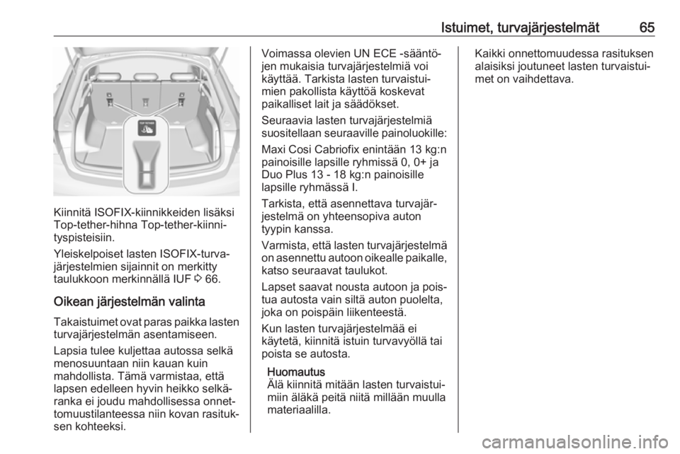 OPEL INSIGNIA BREAK 2019.5  Ohjekirja (in Finnish) Istuimet, turvajärjestelmät65
Kiinnitä ISOFIX-kiinnikkeiden lisäksi
Top-tether-hihna Top-tether-kiinni‐
tyspisteisiin.
Yleiskelpoiset lasten ISOFIX-turva‐
järjestelmien sijainnit on merkitty
