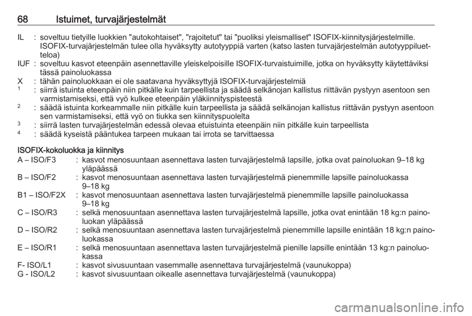 OPEL INSIGNIA BREAK 2019.5  Ohjekirja (in Finnish) 68Istuimet, turvajärjestelmätIL:soveltuu tietyille luokkien "autokohtaiset", "rajoitetut" tai "puoliksi yleismalliset" ISOFIX-kiinnitysjärjestelmille.
ISOFIX-turvajärjestel