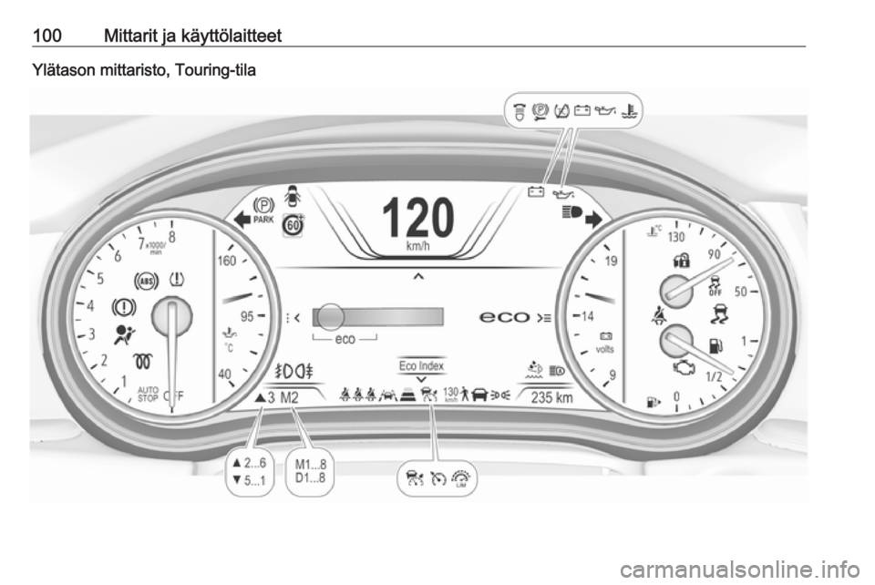 OPEL INSIGNIA BREAK 2020  Ohjekirja (in Finnish) 100Mittarit ja käyttölaitteetYlätason mittaristo, Touring-tila 