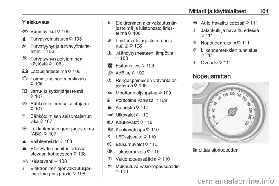 OPEL INSIGNIA BREAK 2020  Ohjekirja (in Finnish) Mittarit ja käyttölaitteet101YleiskuvausOSuuntavilkut 3 105XTurvavyömuistutin  3 105vTurvatyynyt ja turvavyönkiris‐
timet  3 106VTurvatyynyn poistaminen
käytöstä  3 106pLatausjärjestelmä  3