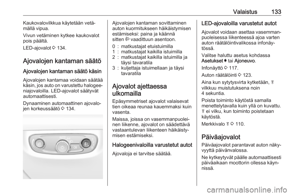 OPEL INSIGNIA BREAK 2020 Ohjekirja (in Finnish) Valaistus133Kaukovalovilkkua käytetään vetä‐
mällä vipua.
Vivun vetäminen kytkee kaukovalot
pois päältä.
LED-ajovalot 3 134.
Ajovalojen kantaman säätö
Ajovalojen kantaman säätö käs OPEL INSIGNIA BREAK 2020 Ohjekirja (in Finnish) Valaistus133Kaukovalovilkkua käytetään vetä‐
mällä vipua.
Vivun vetäminen kytkee kaukovalot
pois päältä.
LED-ajovalot 3 134.
Ajovalojen kantaman säätö
Ajovalojen kantaman säätö käs