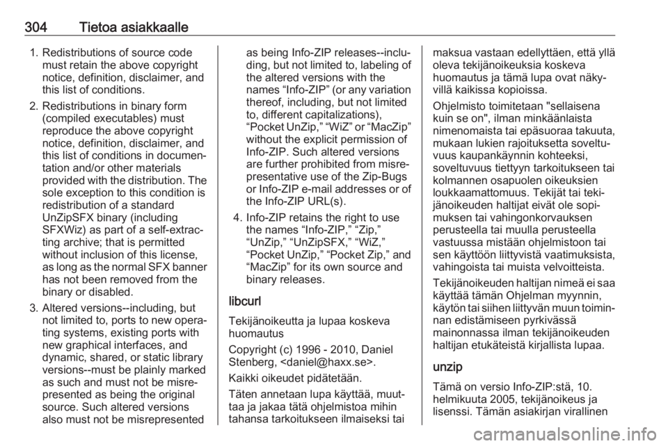 OPEL INSIGNIA BREAK 2020 Ohjekirja (in Finnish) 304Tietoa asiakkaalle1. Redistributions of source codemust retain the above copyright
notice, definition, disclaimer, and
this list of conditions.
2. Redistributions in binary form (compiled executabl OPEL INSIGNIA BREAK 2020 Ohjekirja (in Finnish) 304Tietoa asiakkaalle1. Redistributions of source codemust retain the above copyright
notice, definition, disclaimer, and
this list of conditions.
2. Redistributions in binary form (compiled executabl