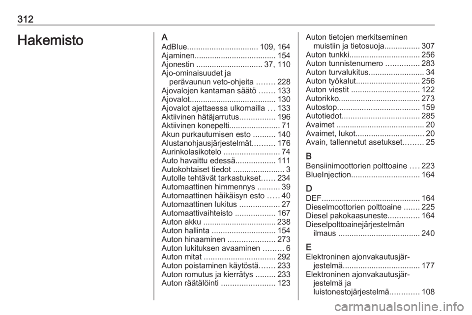 OPEL INSIGNIA BREAK 2020  Ohjekirja (in Finnish) 312HakemistoAAdBlue ................................ 109, 164
Ajaminen..................................... 154
Ajonestin  .............................. 37, 110
Ajo-ominaisuudet ja perävaunun veto-o