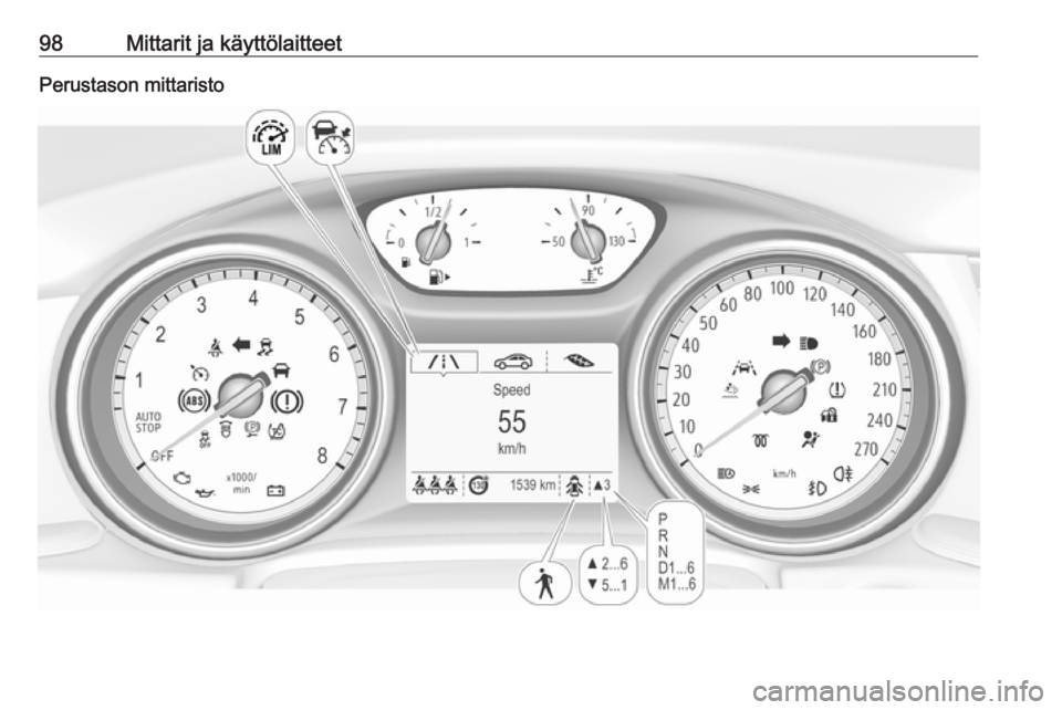 OPEL INSIGNIA BREAK 2020 Ohjekirja (in Finnish) 98Mittarit ja käyttölaitteetPerustason mittaristo OPEL INSIGNIA BREAK 2020 Ohjekirja (in Finnish) 98Mittarit ja käyttölaitteetPerustason mittaristo