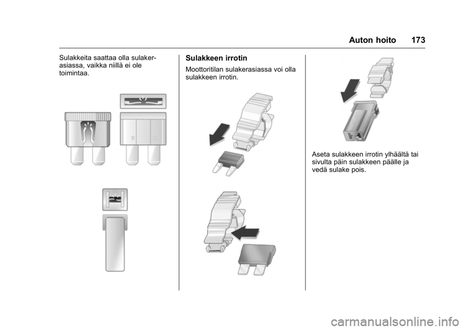 OPEL KARL 2016 Ohjekirja (in Finnish) OPEL Karl Owner Manual (GMK-Localizing-EU LHD-9231167) - 2016 - crc -
9/9/15
Auton hoito 173
Sulakkeita saattaa olla sulaker-
asiassa, vaikka niillä ei ole
toimintaa.Sulakkeen irrotin
Moottoritilan s OPEL KARL 2016 Ohjekirja (in Finnish) OPEL Karl Owner Manual (GMK-Localizing-EU LHD-9231167) - 2016 - crc -
9/9/15
Auton hoito 173
Sulakkeita saattaa olla sulaker-
asiassa, vaikka niillä ei ole
toimintaa.Sulakkeen irrotin
Moottoritilan s