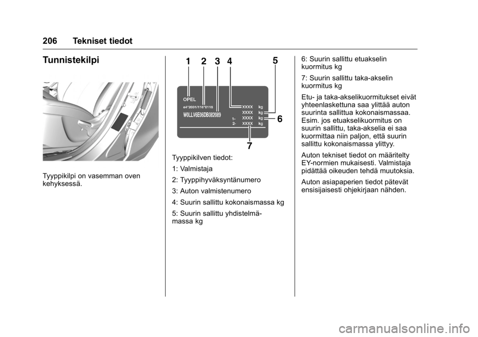 OPEL KARL 2016  Ohjekirja (in Finnish) OPEL Karl Owner Manual (GMK-Localizing-EU LHD-9231167) - 2016 - crc -
9/9/15
206 Tekniset tiedot
Tunnistekilpi
Tyyppikilpi on vasemman oven
kehyksessä.
Tyyppikilven tiedot:
1: Valmistaja
2: Tyyppihyv