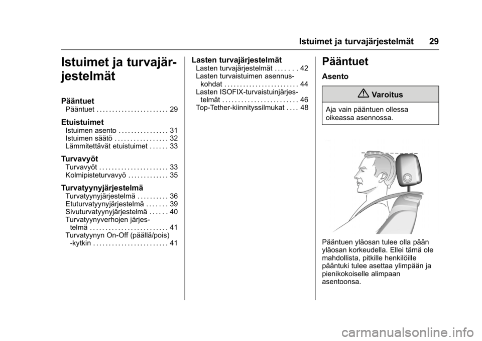 OPEL KARL 2016 Ohjekirja (in Finnish) OPEL Karl Owner Manual (GMK-Localizing-EU LHD-9231167) - 2016 - crc -
9/9/15
Istuimet ja turvajärjestelmät 29
Istuimet ja turvajär-
jestelmät
Pääntuet
Pääntuet . . . . . . . . . . . . . . . . OPEL KARL 2016 Ohjekirja (in Finnish) OPEL Karl Owner Manual (GMK-Localizing-EU LHD-9231167) - 2016 - crc -
9/9/15
Istuimet ja turvajärjestelmät 29
Istuimet ja turvajär-
jestelmät
Pääntuet
Pääntuet . . . . . . . . . . . . . . . .
