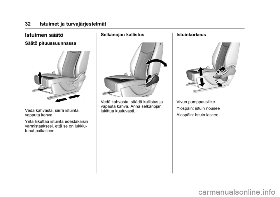 OPEL KARL 2016 Ohjekirja (in Finnish) OPEL Karl Owner Manual (GMK-Localizing-EU LHD-9231167) - 2016 - crc -
9/9/15
32 Istuimet ja turvajärjestelmät
Istuimen säätö
Säätö pituussuunnassa
Vedä kahvasta, siirrä istuinta,
vapauta kah OPEL KARL 2016 Ohjekirja (in Finnish) OPEL Karl Owner Manual (GMK-Localizing-EU LHD-9231167) - 2016 - crc -
9/9/15
32 Istuimet ja turvajärjestelmät
Istuimen säätö
Säätö pituussuunnassa
Vedä kahvasta, siirrä istuinta,
vapauta kah