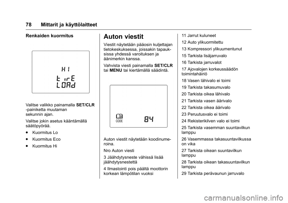 OPEL KARL 2016 Ohjekirja (in Finnish) OPEL Karl Owner Manual (GMK-Localizing-EU LHD-9231167) - 2016 - crc -
9/9/15
78 Mittarit ja käyttölaitteet
Renkaiden kuormitus
Valitse valikko painamallaSET/CLR
-painiketta muutaman
sekunnin ajan.
V OPEL KARL 2016 Ohjekirja (in Finnish) OPEL Karl Owner Manual (GMK-Localizing-EU LHD-9231167) - 2016 - crc -
9/9/15
78 Mittarit ja käyttölaitteet
Renkaiden kuormitus
Valitse valikko painamallaSET/CLR
-painiketta muutaman
sekunnin ajan.
V