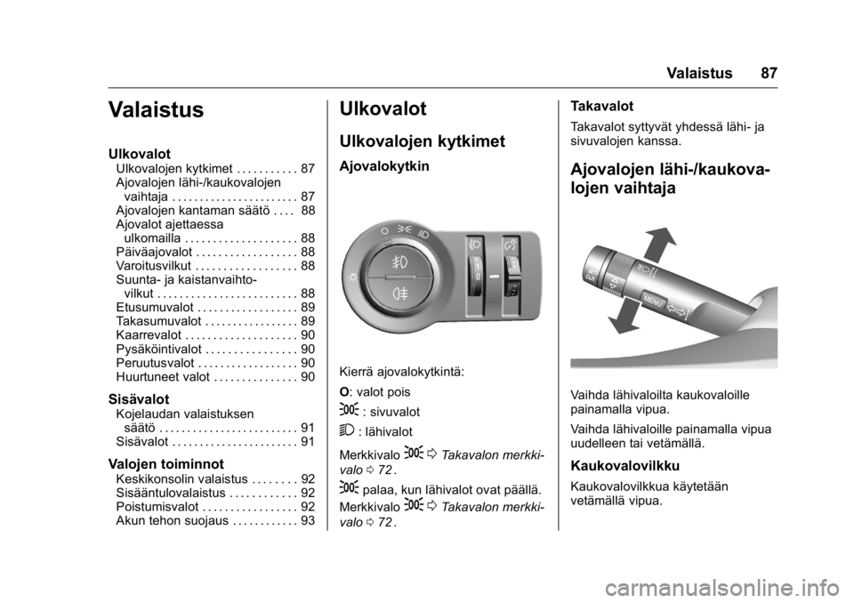 OPEL KARL 2016  Ohjekirja (in Finnish) OPEL Karl Owner Manual (GMK-Localizing-EU LHD-9231167) - 2016 - crc -
9/9/15
Valaistus 87
Valaistus
Ulkovalot
Ulkovalojen kytkimet . . . . . . . . . . . 87
Ajovalojen lähi-/kaukovalojenvaihtaja . . .
