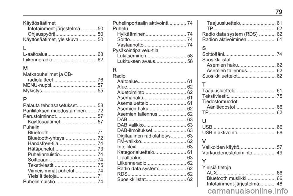 OPEL KARL 2016.5 Infotainment-ohjekirja (in Finnish) 79KäyttösäätimetInfotainment-järjestelmä ............50
Ohjauspyörä .............................. 50
Käyttösäätimet, yleiskuva .............50
L
L-aaltoalue .............................. OPEL KARL 2016.5 Infotainment-ohjekirja (in Finnish) 79KäyttösäätimetInfotainment-järjestelmä ............50
Ohjauspyörä .............................. 50
Käyttösäätimet, yleiskuva .............50
L
L-aaltoalue ..............................