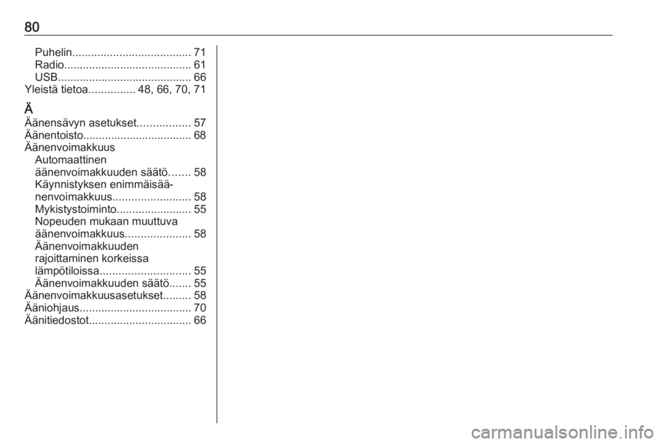 OPEL KARL 2016.5  Infotainment-ohjekirja (in Finnish) 80Puhelin...................................... 71
Radio ......................................... 61
USB ........................................... 66
Yleistä tietoa ...............48, 66, 70, 71
