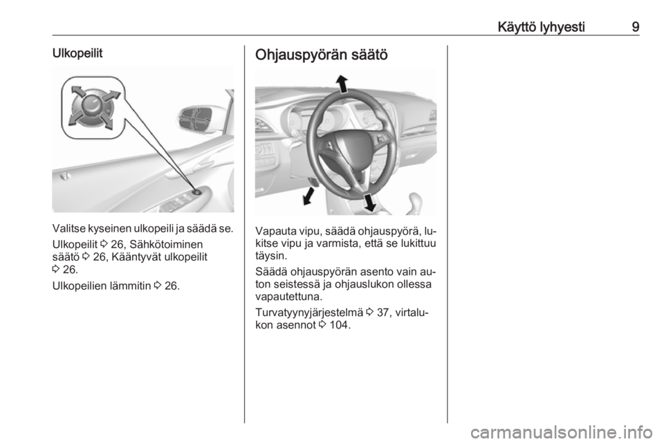 OPEL KARL 2016.5  Ohjekirja (in Finnish) Käyttö lyhyesti9Ulkopeilit
Valitse kyseinen ulkopeili ja säädä se.Ulkopeilit  3 26, Sähkötoiminen
säätö  3 26, Kääntyvät ulkopeilit
3  26.
Ulkopeilien lämmitin  3 26.
Ohjauspyörän sä�